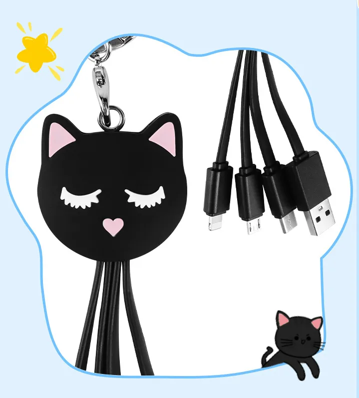 Cartoon Black Cat 3-in-1 Data Cable Keychain