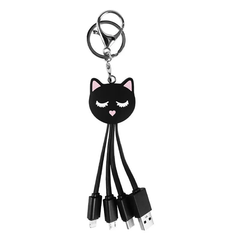 Cartoon Black Cat 3-in-1 Data Cable Keychain