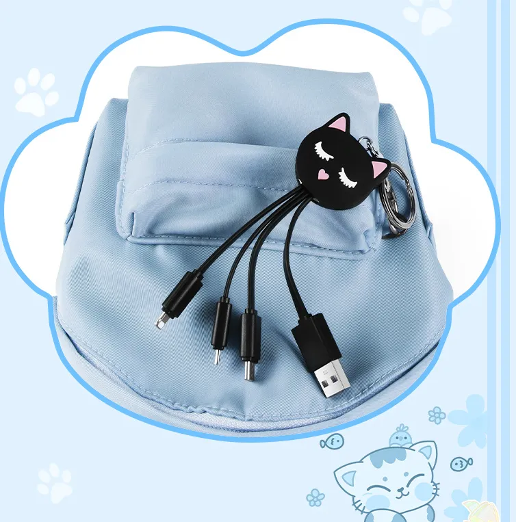 Cartoon Black Cat 3-in-1 Data Cable Keychain