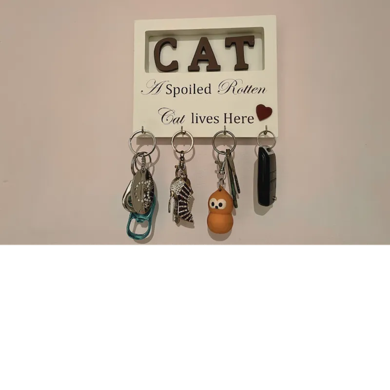 Cat Key Hook Wooden Plaque Wall Mounted