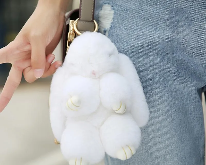 Cute Rex Rabbit Fur Keychain - White