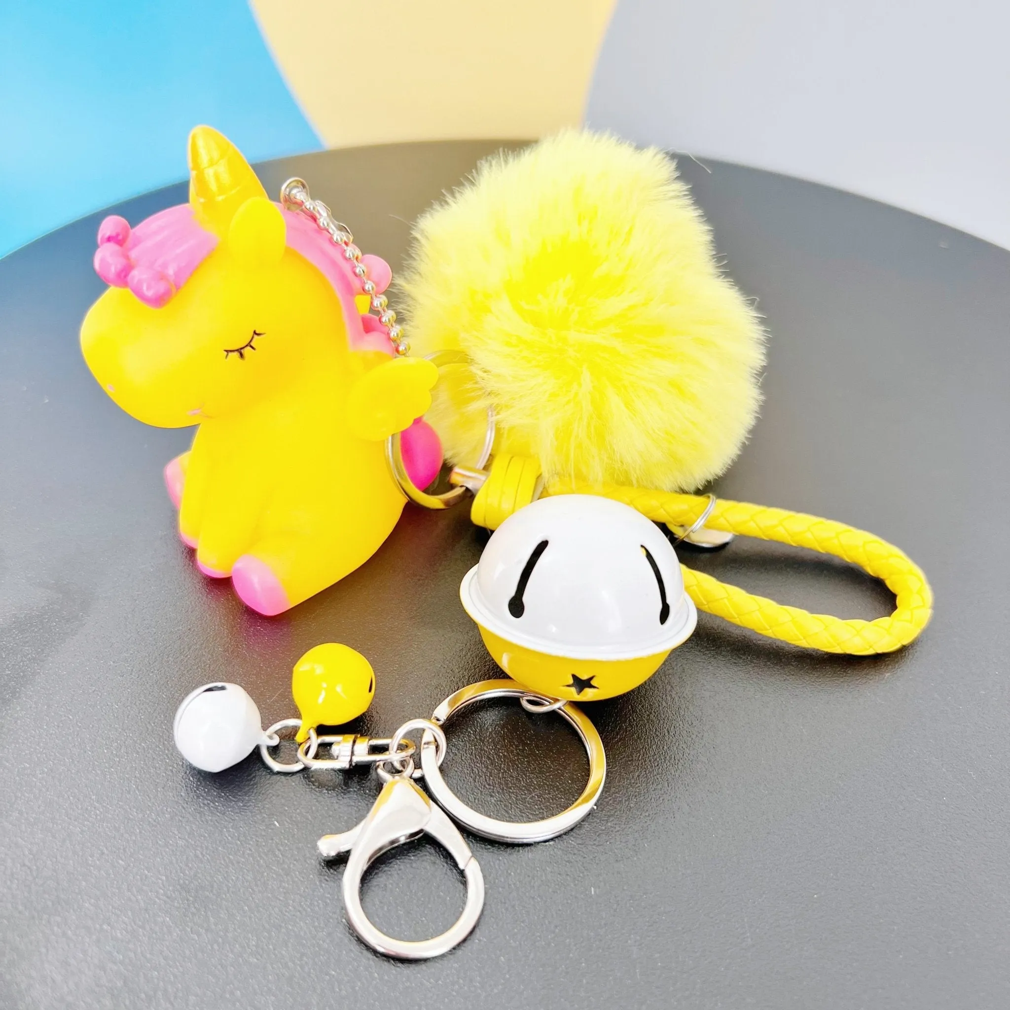 Cute Unicorn Keychain for Car Keys Bag Charm Pendant with Fur Ball Bell