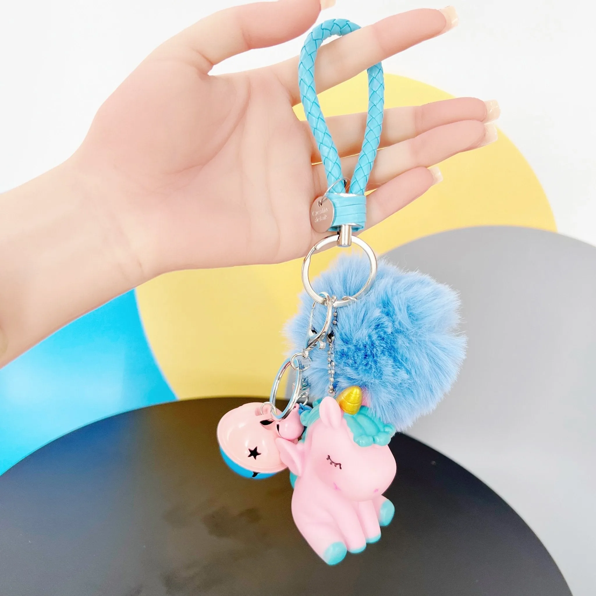 Cute Unicorn Keychain for Car Keys Bag Charm Pendant with Fur Ball Bell