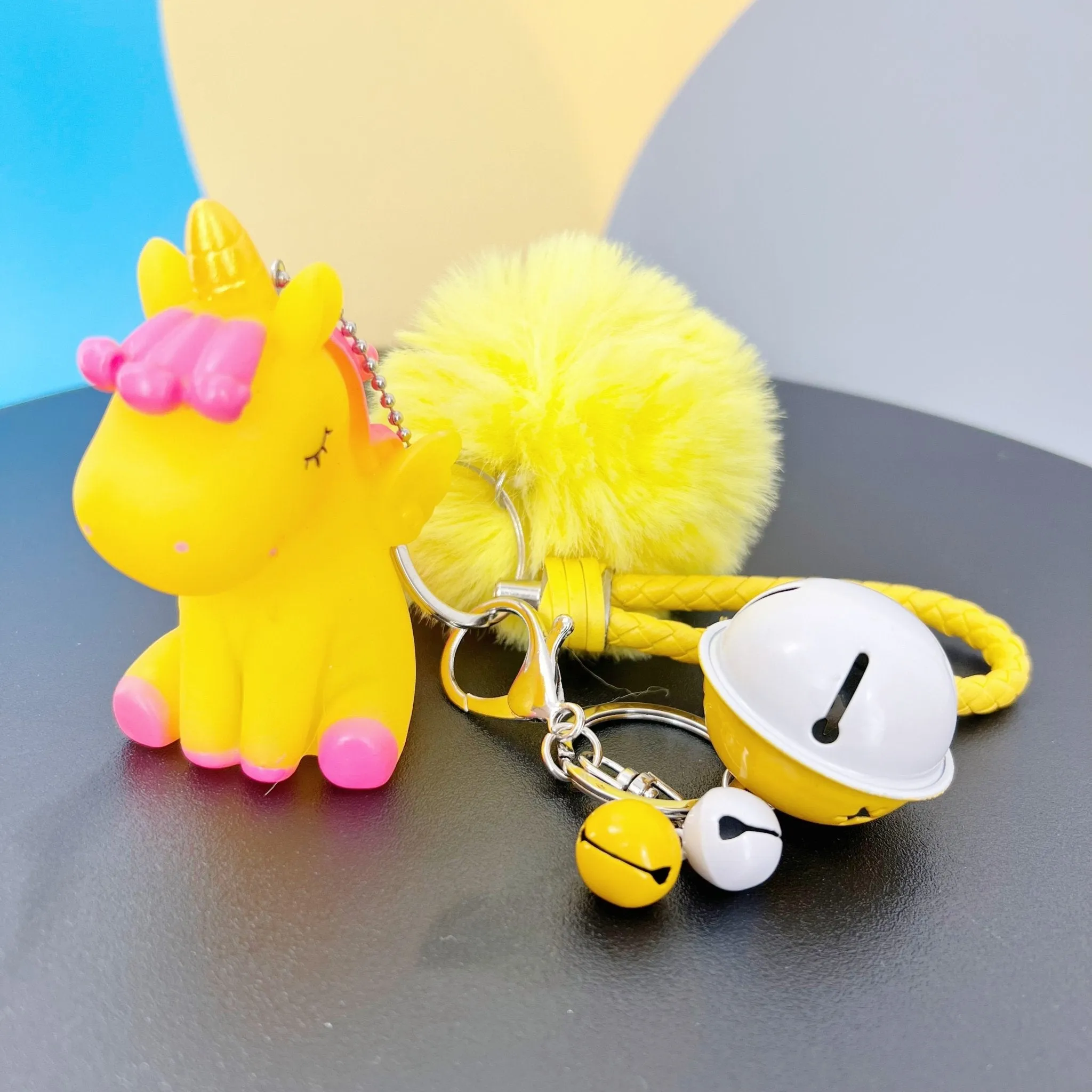 Cute Unicorn Keychain for Car Keys Bag Charm Pendant with Fur Ball Bell