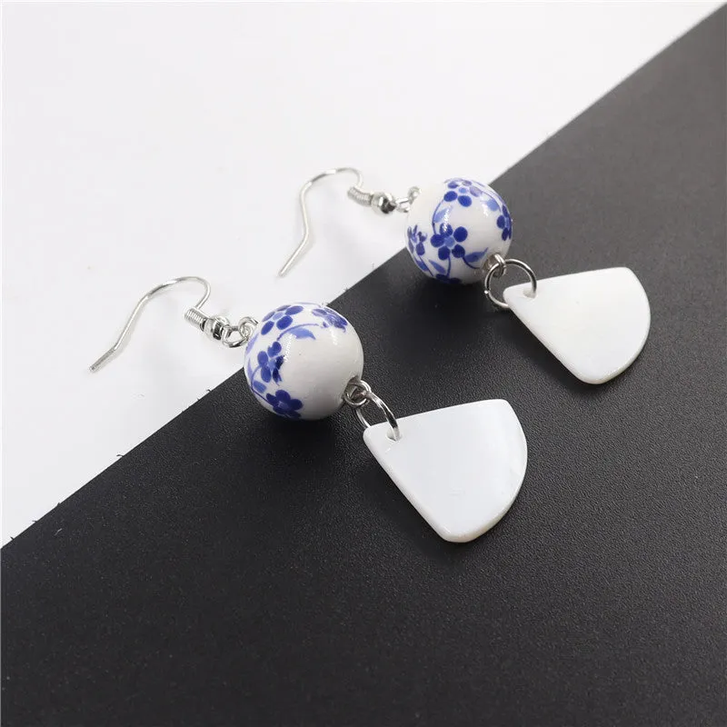 Ethnic style earrings blue and white porcelain printed ceramic fan-shaped shell earrings female long