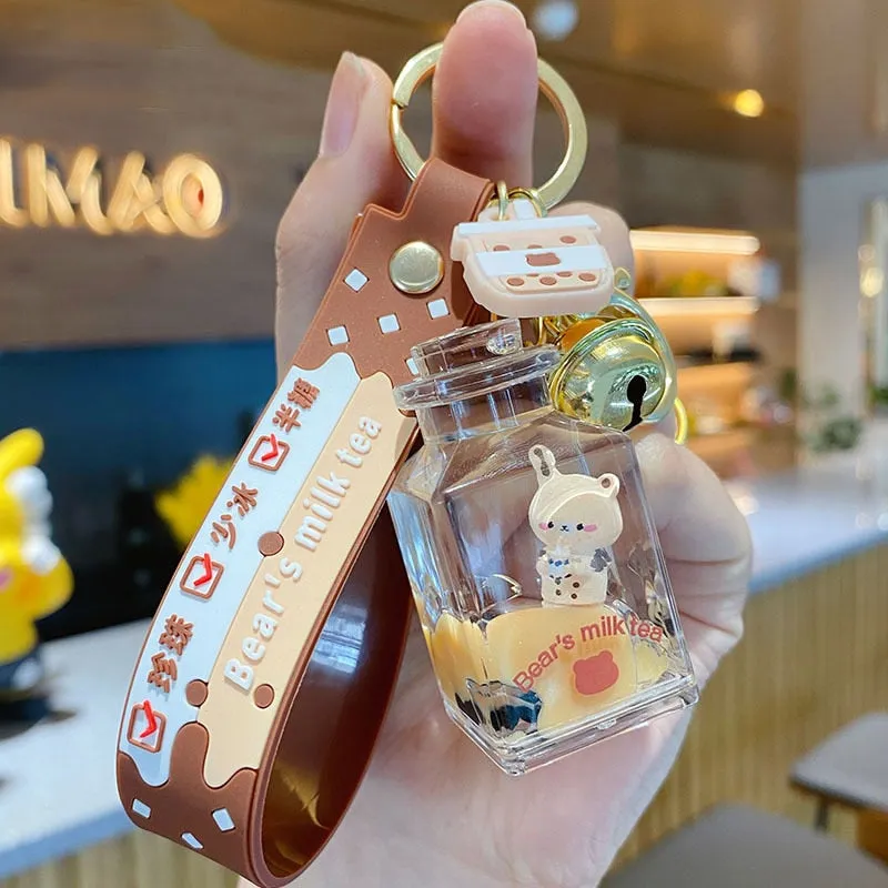 Kawaii Milk Tea Bear Floating Liquid Keychain