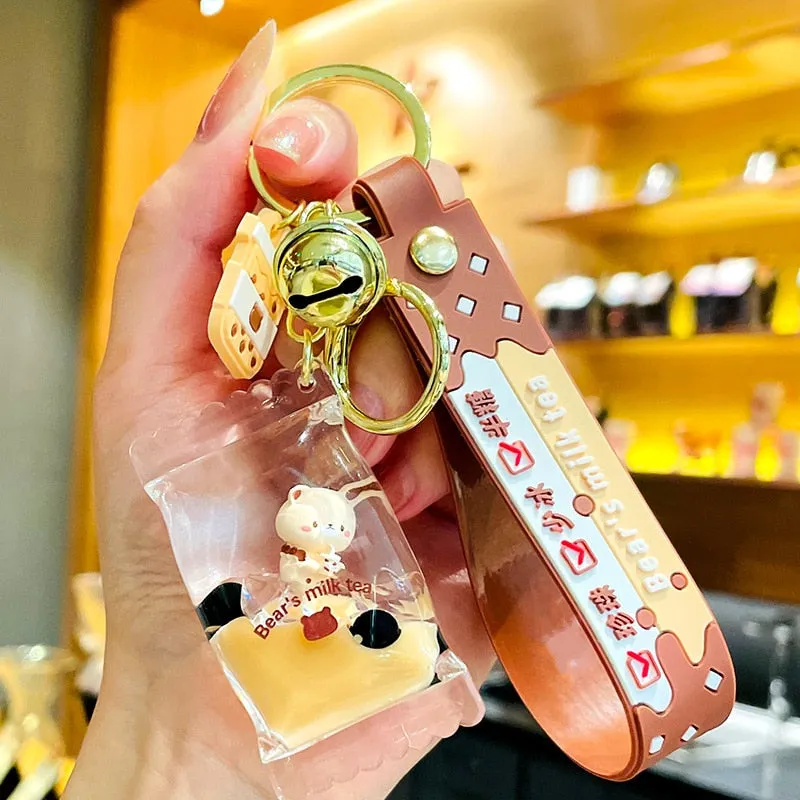 Kawaii Milk Tea Bear Floating Liquid Keychain