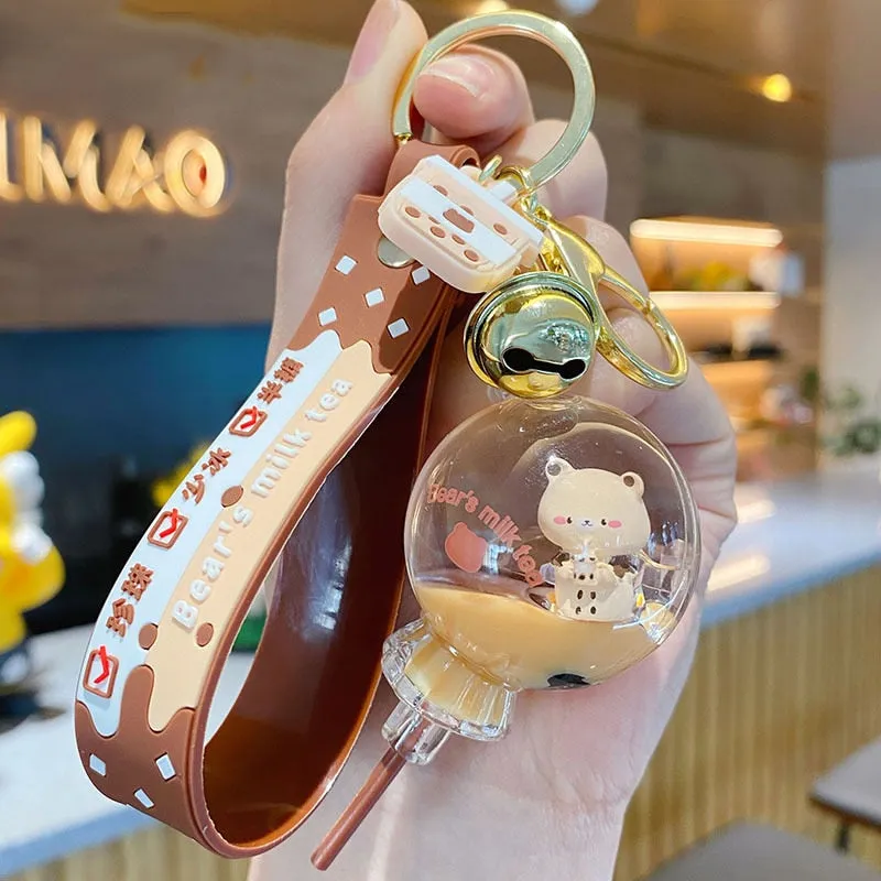 Kawaii Milk Tea Bear Floating Liquid Keychain