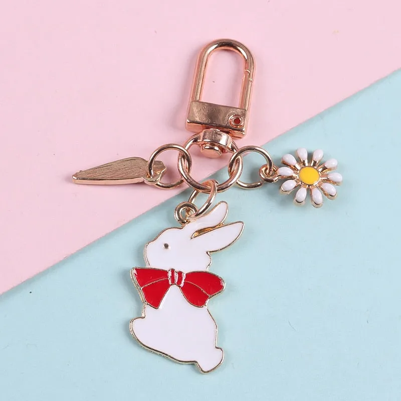 Lanyard Bow Tie Rabbit Keychain Newyear Gift Headset Pendant Strawberry Keyring Rabbit Metal Keychain Lovely Cute Car Bag Decor