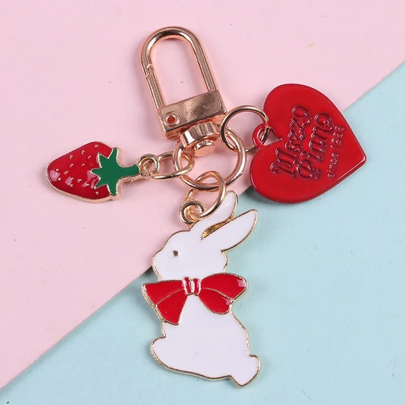 Lanyard Bow Tie Rabbit Keychain Newyear Gift Headset Pendant Strawberry Keyring Rabbit Metal Keychain Lovely Cute Car Bag Decor