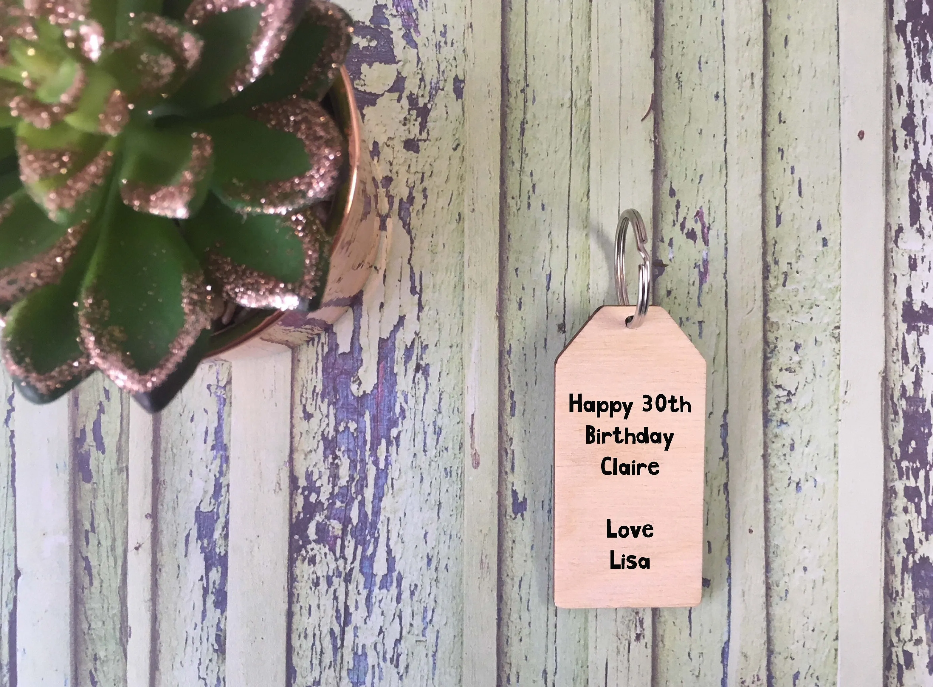 Wooden Keyring - Cactus Succulent Grey Geometric